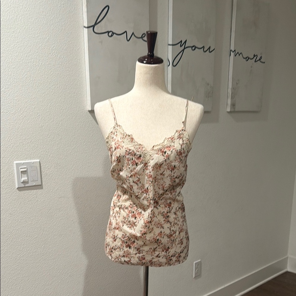 Floral Lace Trim Spaghetti Strap Cami - Cream/Floral